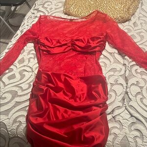 Oh Polly Scarlet Lace and Satin Long Sleeve Dress